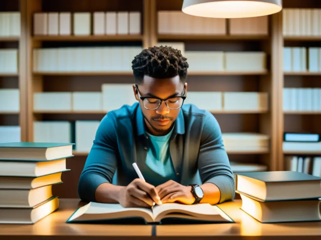 Persona leyendo libros de examen rodeada de títulos de 'Mejores libros para dominar la línea de comandos'