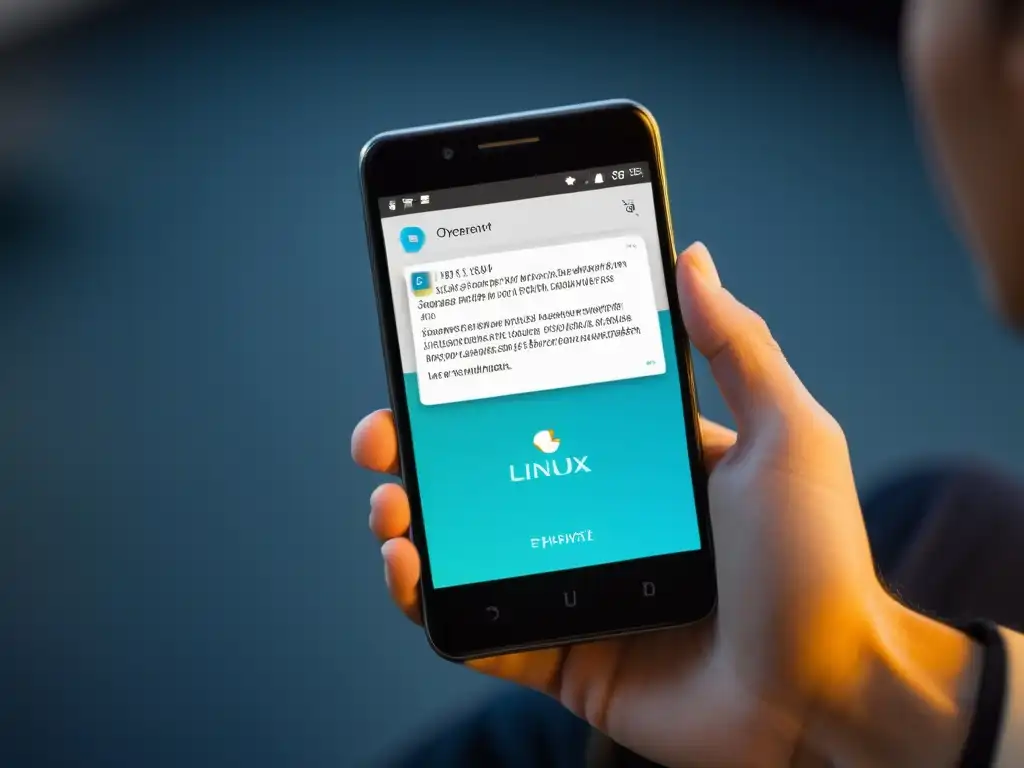 Persona usando Linux en dispositivos móviles en un entorno moderno y profesional