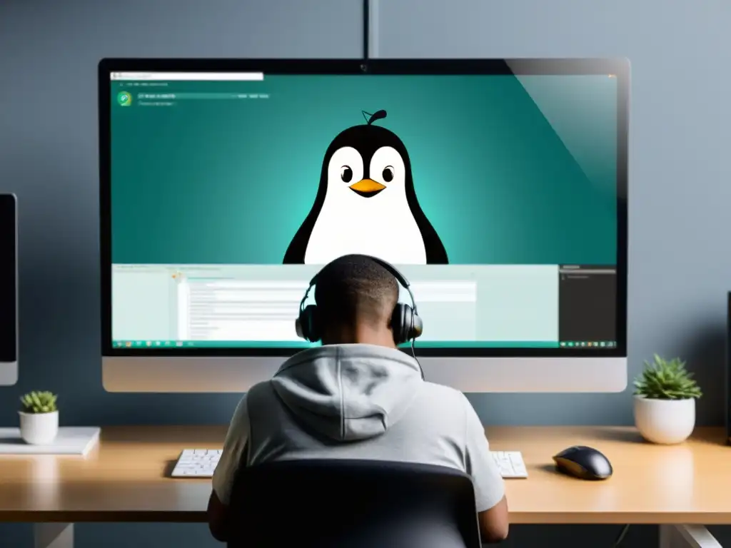 Persona usando Linux con enfoque en la privacidad digital, transmitiendo seguridad y confianza