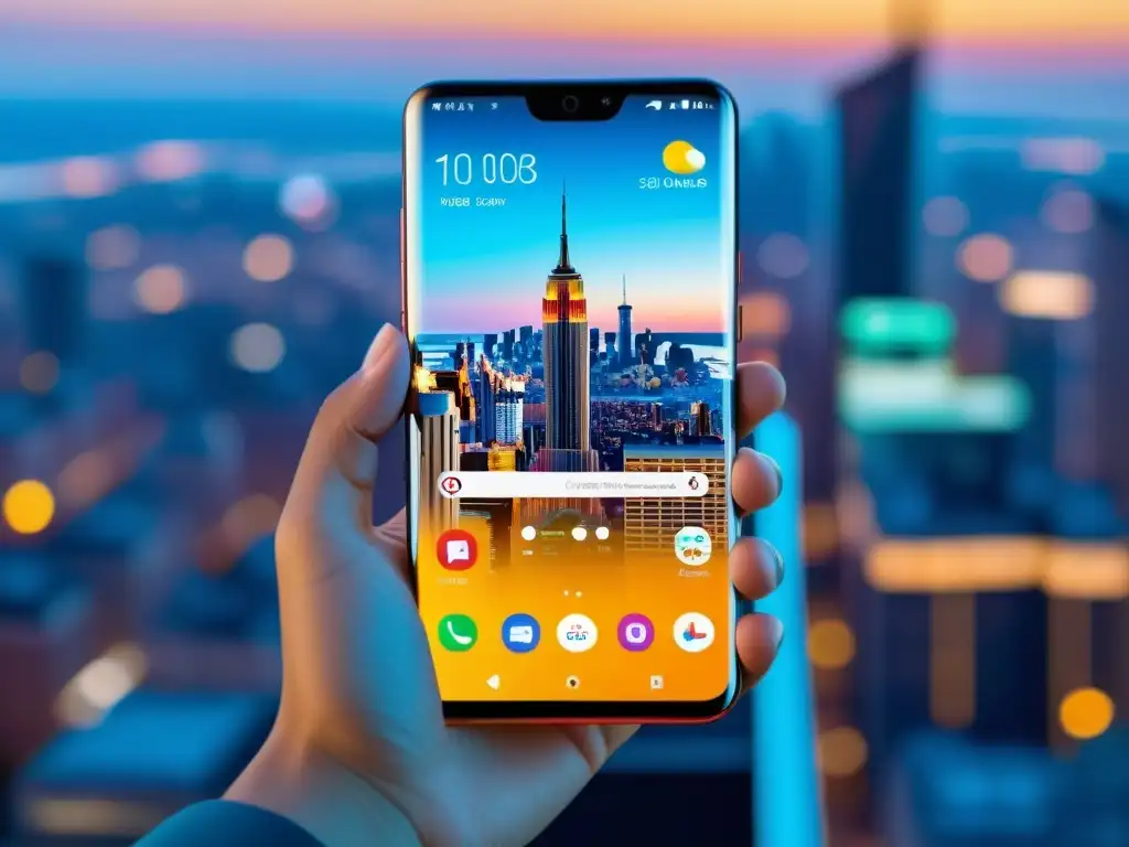 Persona moderna sostiene smartphone futurista con pantalla transparente, mostrando la interfaz LuneOS en una ciudad avanzada