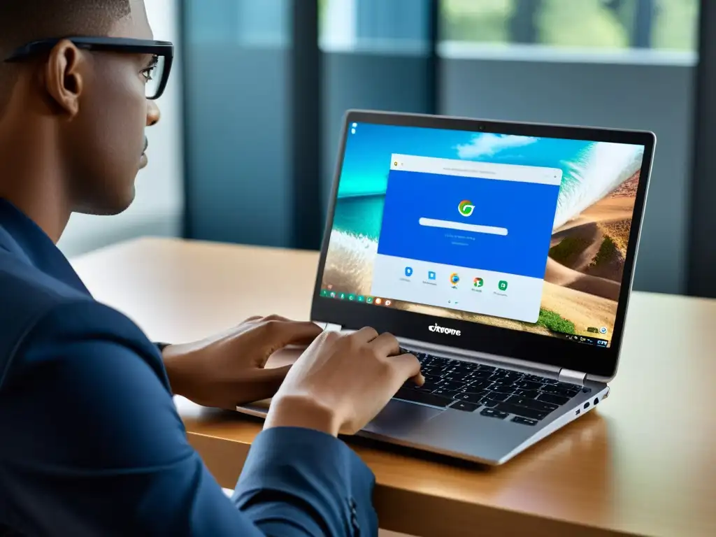 Persona trabajando en una oficina moderna con un Chromebook, destacando la integración de tecnología en la vida diaria