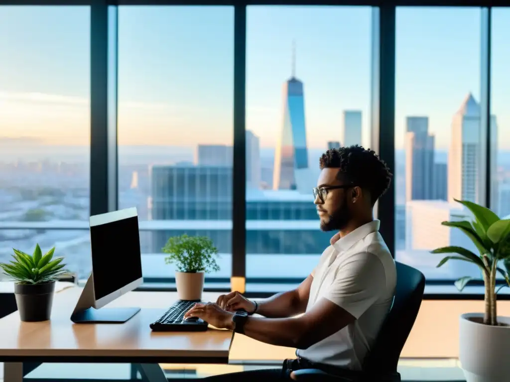 Trabajo eficiente en un entorno moderno de marketing Persona trabajando en una oficina moderna con vistas a la ciudad, utilizando software de automatización de marketing en Linux y BSD