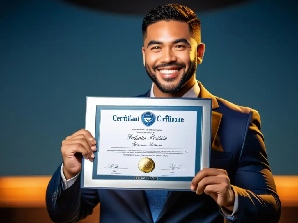 Persona orgullosa sosteniendo su certificado de Certificaciones BSD programas reconocidos, sonriendo en un entorno profesional