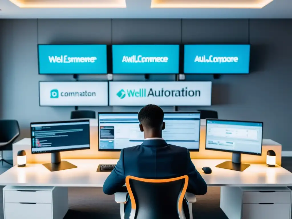 Comparando plugins de automatización de marketing Persona investigando plugins de automatización de marketing para Ecommerce en oficina moderna y luminosa, con expresión reflexiva