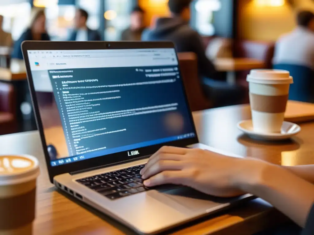 Persona tecleando en un portátil en café con Configuración privacidad sistema Linux en pantalla, reflejando atmósfera cálida y compartida