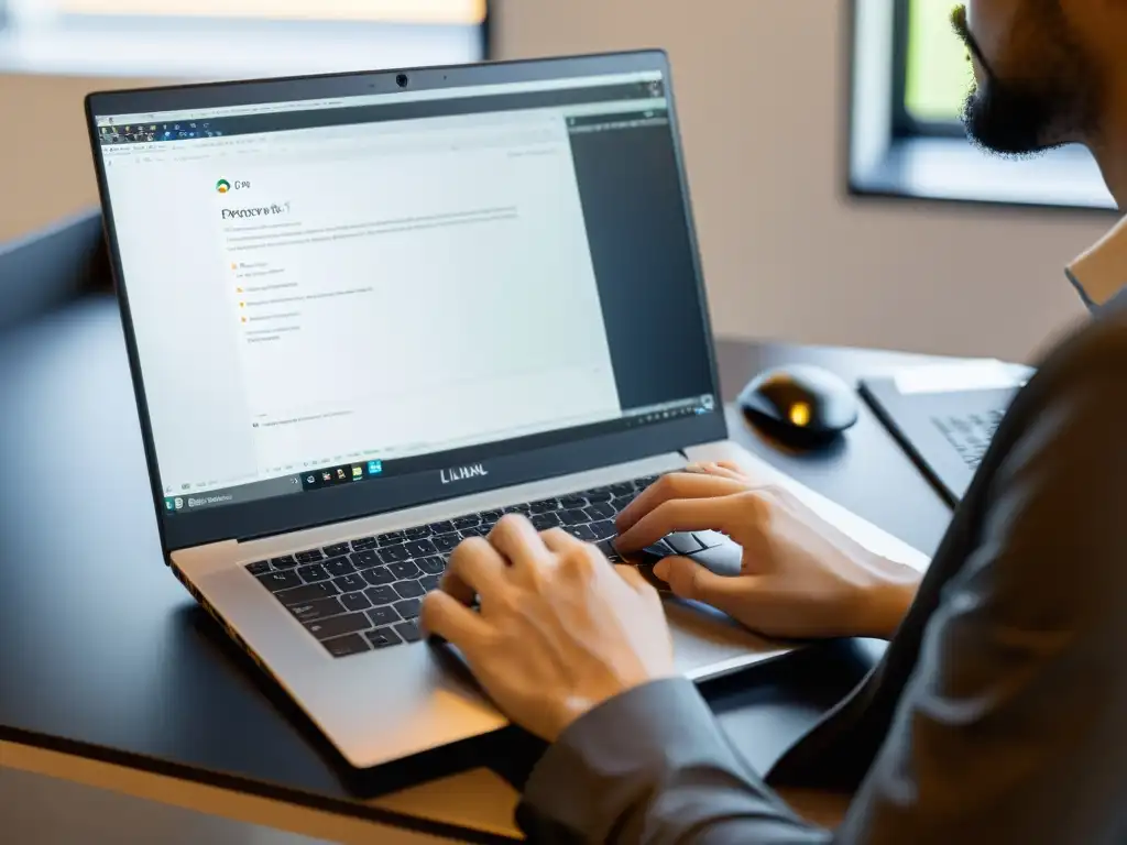 Persona trabajando en un portátil con Linux en un escritorio minimalista