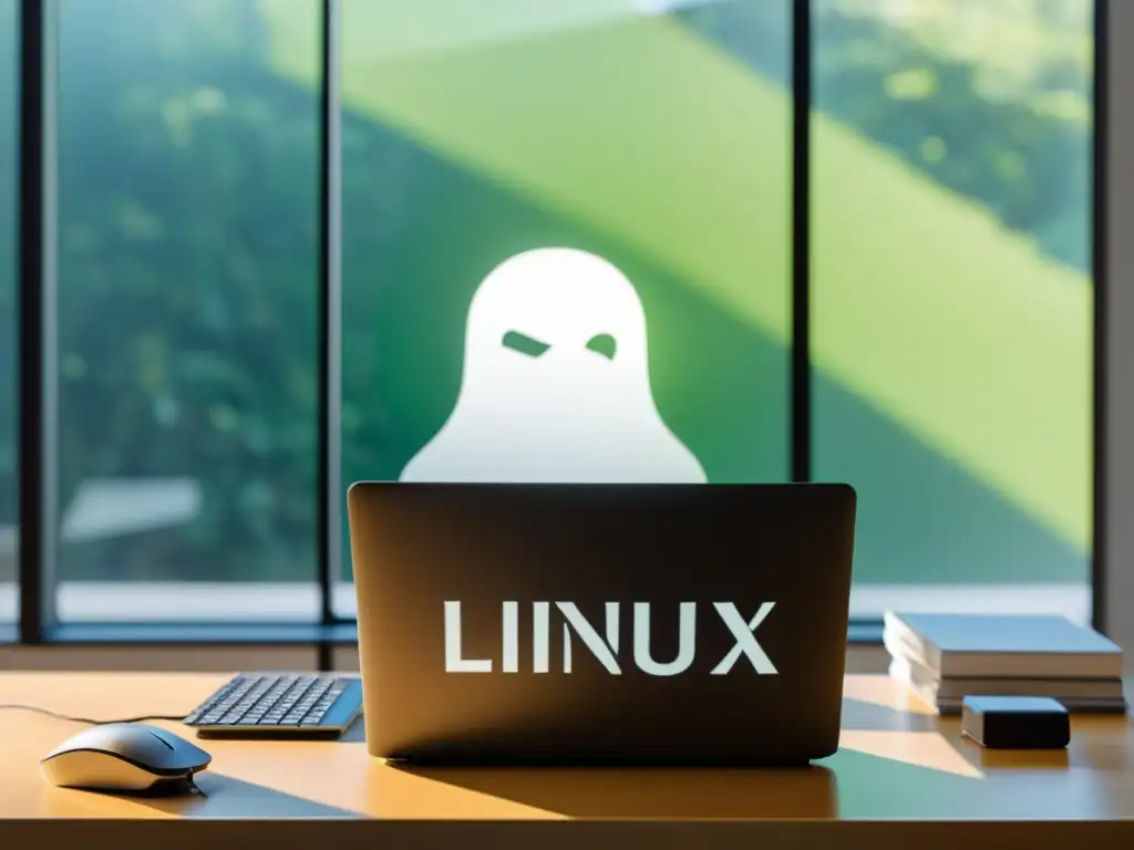 Persona tecleando en un portátil con logo de Linux, en un espacio despejado con luz natural