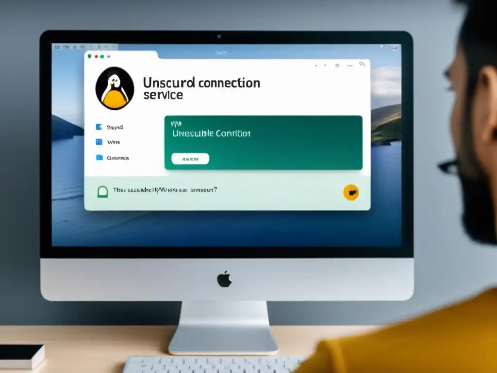 Persona preocupada usa VPN en Linux con mensaje de conexión insegura