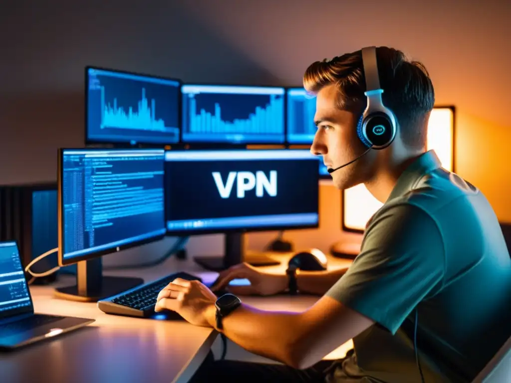 Persona creando VPN privada con herramientas Open Source en ambiente sereno y enfocado, rodeada de monitores y cables