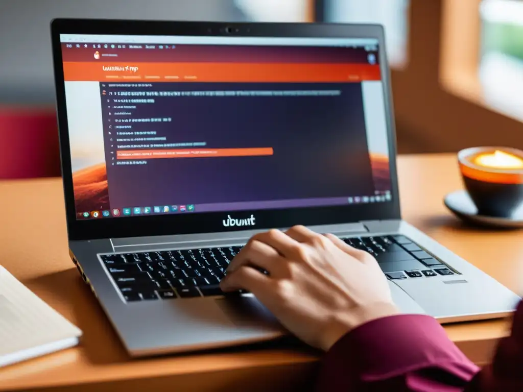 Una persona profesional tecleando en una moderna laptop con Ubuntu en la pantalla