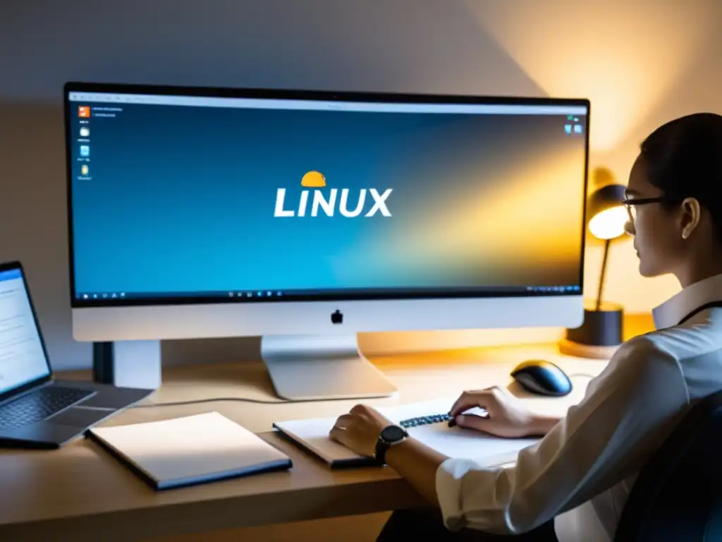 Instalación Profesional de CRM en Linux Persona instalando CRM en Linux con profesionalidad, en un ambiente organizado y cálido