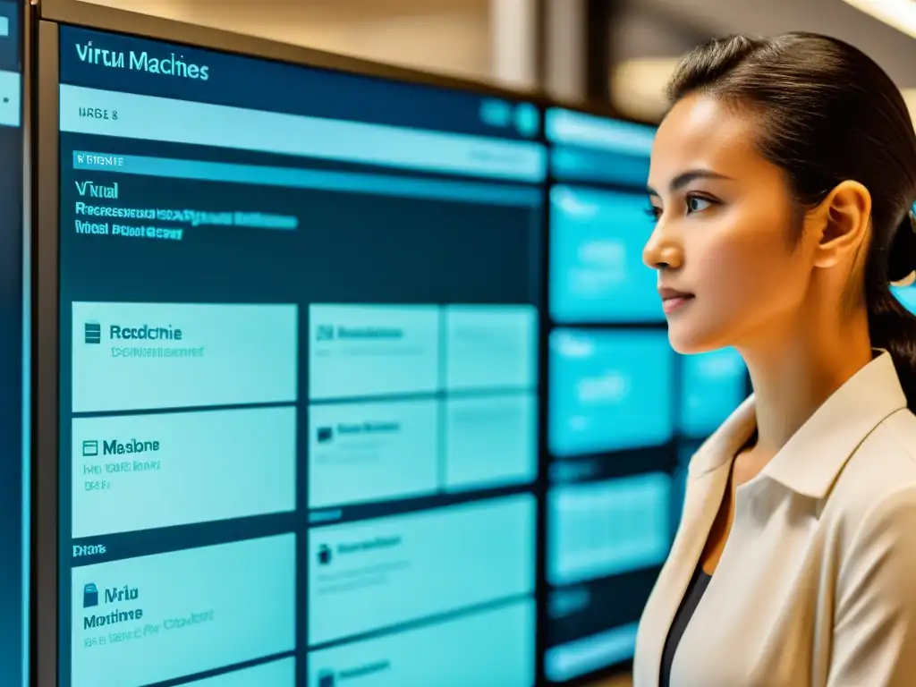Persona gestionando virtualización en Linux, optimizando rendimiento y supervisando uso de recursos en interfaz profesional y minimalista