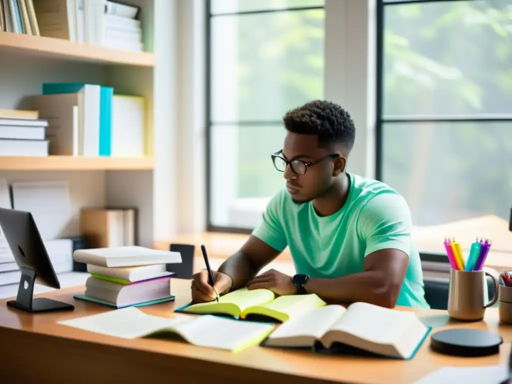 Persona estudiando intensamente para Certificación CompTIA Linux+, rodeada de libros, notas y computadora, en un ambiente sereno y enfocado