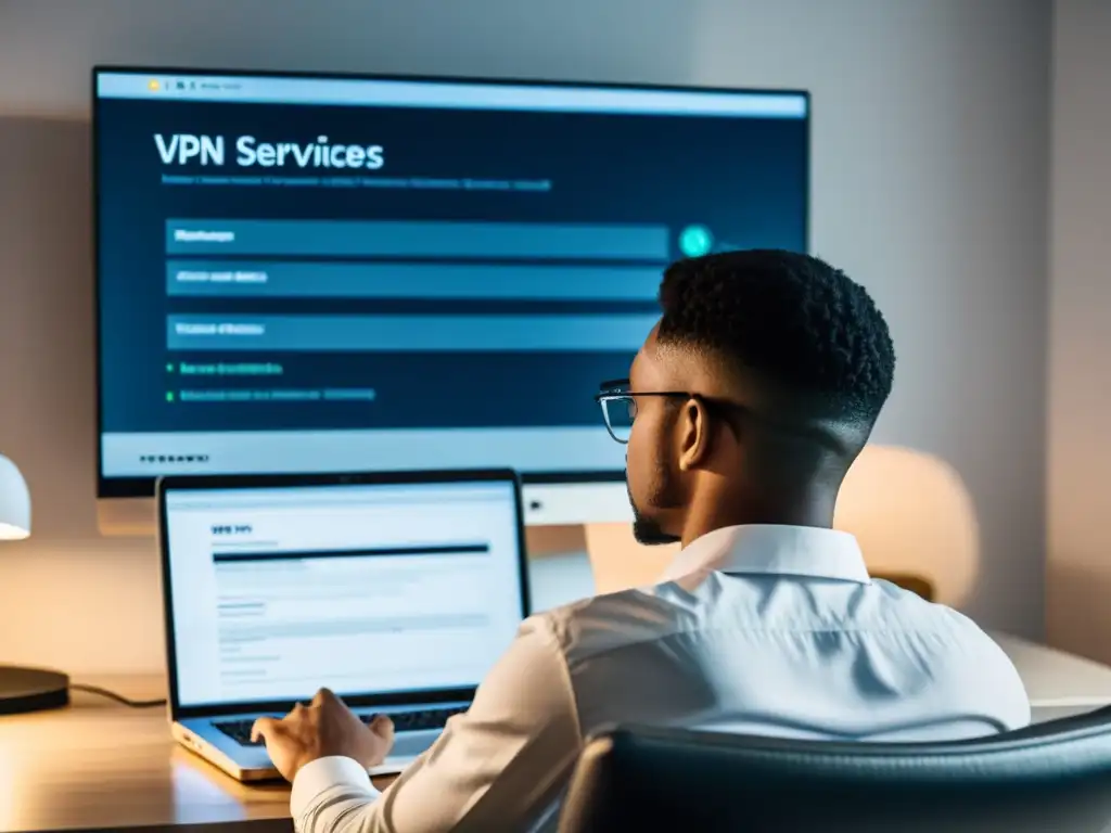 Persona analizando servicios VPN poco confiables en la pantalla del ordenador, con expresión de concentración y determinación