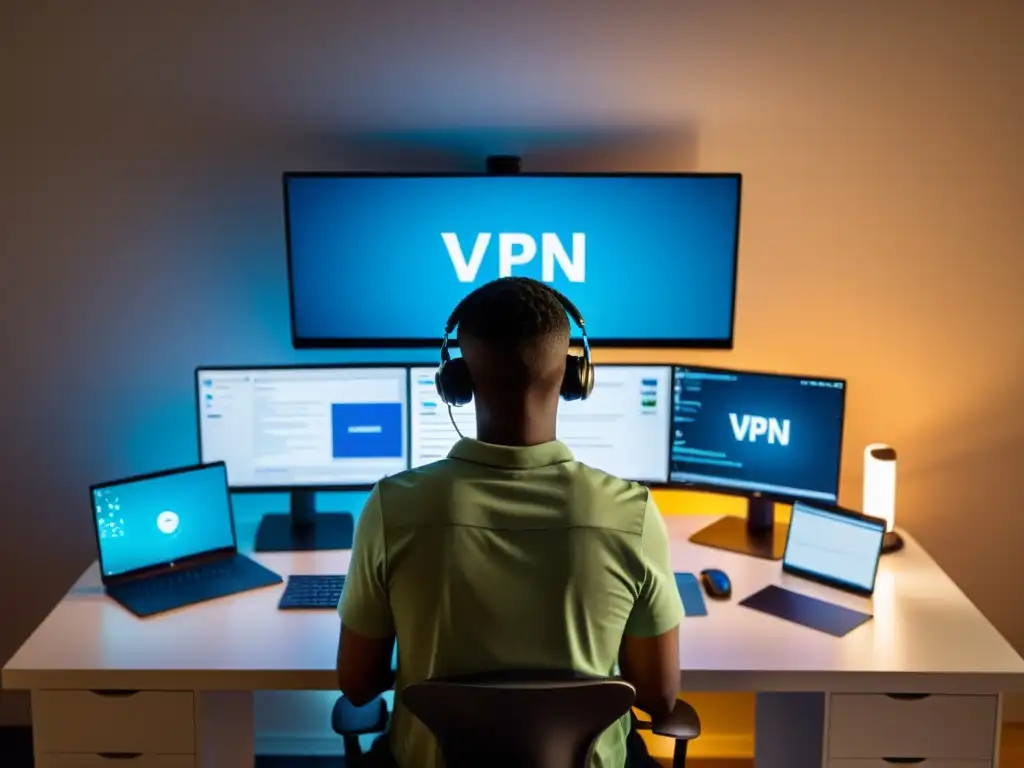 Persona configurando VPN en sistemas operativos alternativos con determinación y concentración en ambiente cálido y profesional