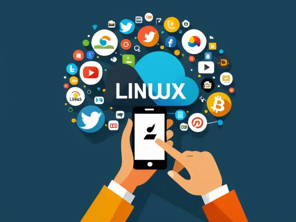 Persona usando smartphone con interfaz Linux o BSD para estrategia de marketing digital para aplicaciones en dispositivos móviles