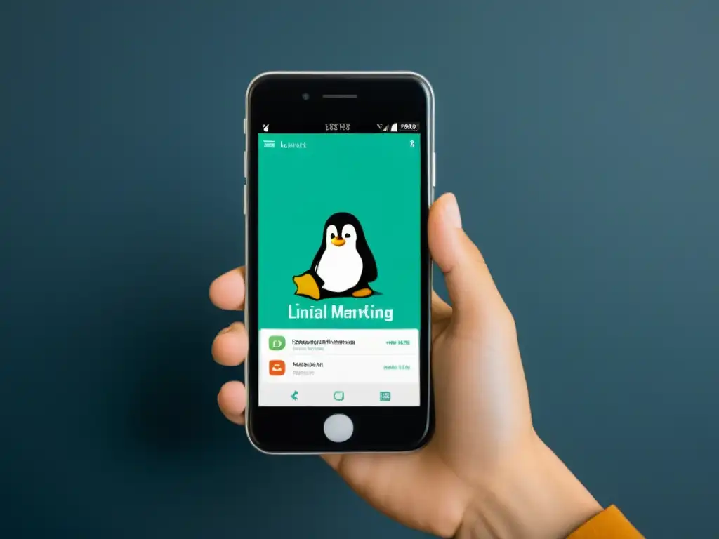 Persona usando smartphone con interfaz Linux o BSD, destacando marketing digital para aplicaciones en dispositivos móviles