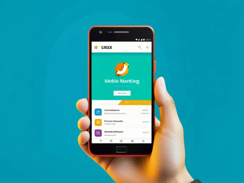 Persona usando smartphone con interfaz personalizada de Linux o BSD, destacando el marketing digital para aplicaciones en dispositivos móviles