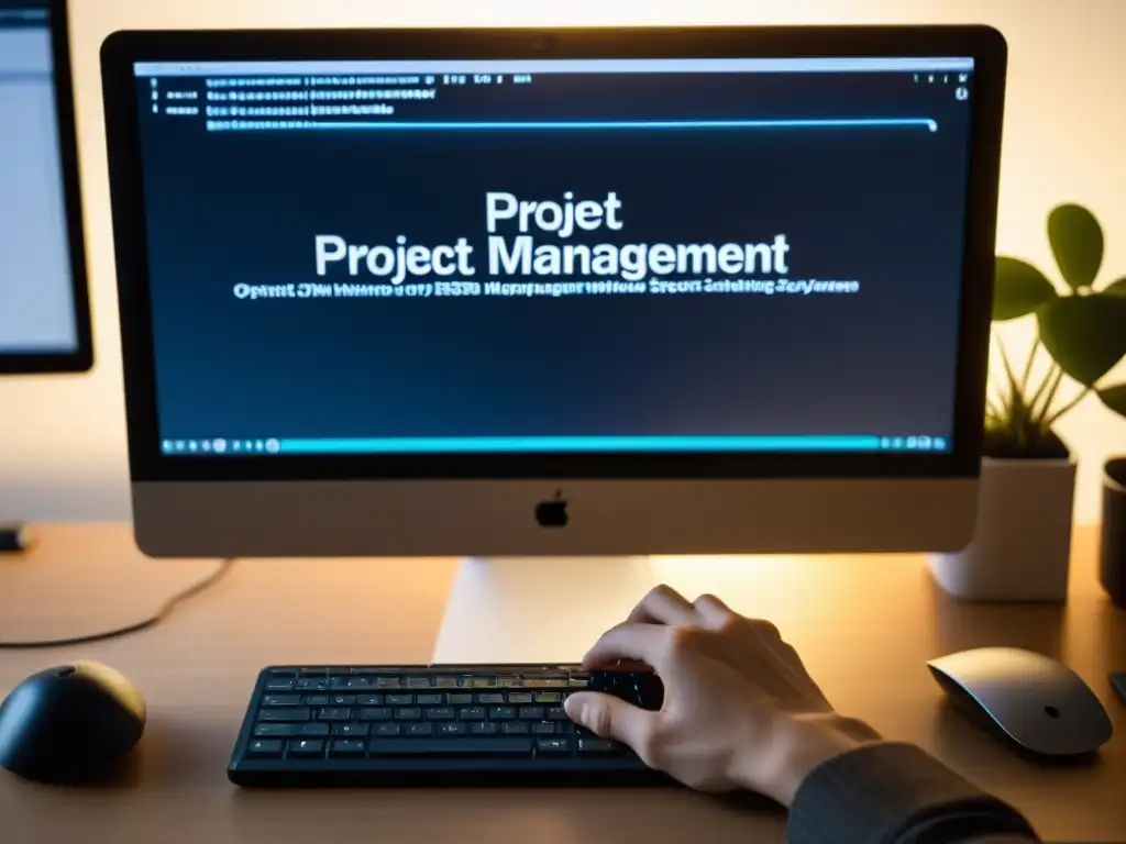 Persona configurando software de gestión de proyectos BSD en computadora, con enfoque en la pantalla y ambiente profesional