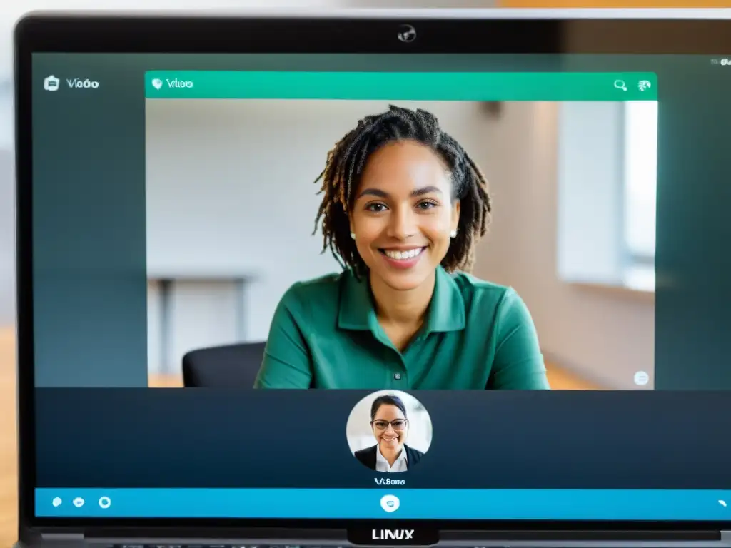Persona usando software de videoconferencia en Linux, destacando la compatibilidad de cámaras web y la eficiencia profesional