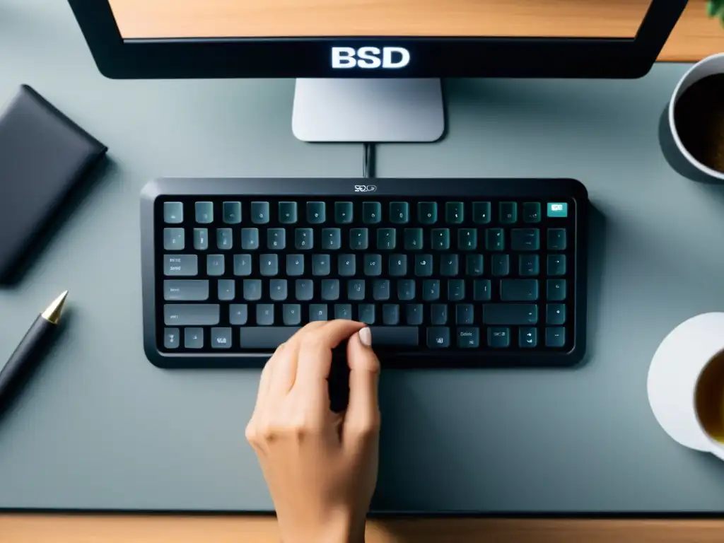 Persona escribiendo en teclado minimalista con logo BSD en pantalla, en un espacio moderno y productivo