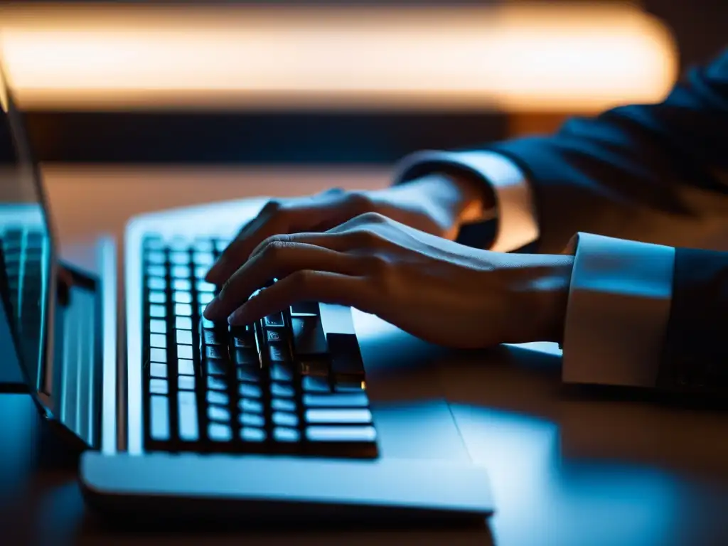 Persona escribiendo en teclado moderno en una habitación tenue