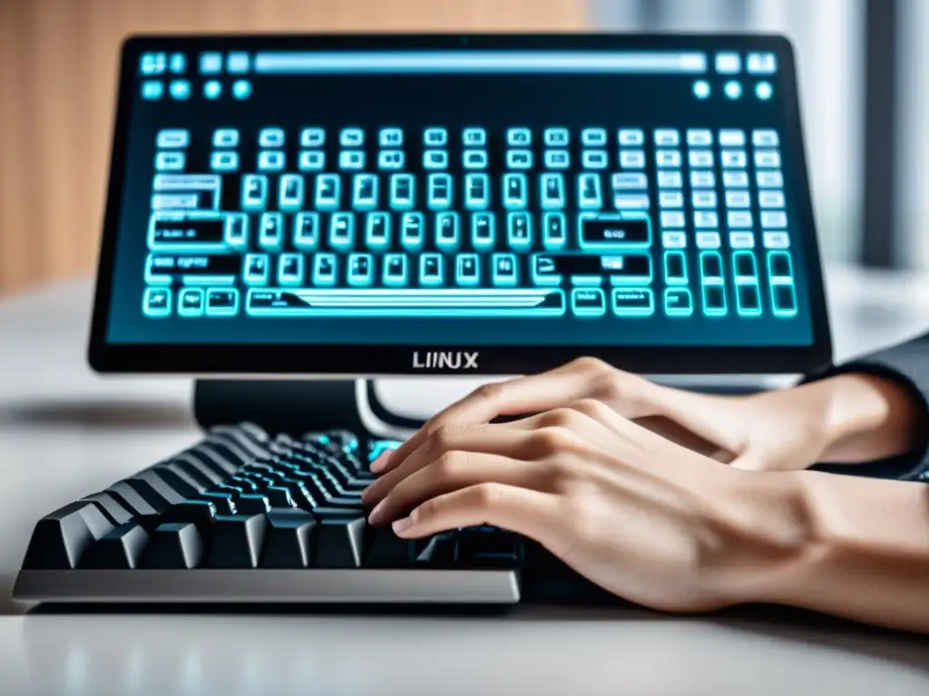 Persona tecleando en un teclado con terminal Linux mostrando código de algoritmos de inteligencia artificial