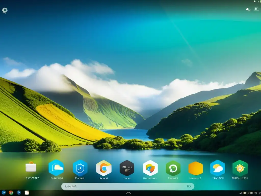 Una personalización extrema en Linux: un entorno de escritorio minimalista y moderno con iconos y widgets personalizados, y una impresionante fotografía de paisaje de fondo