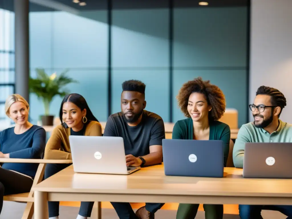 Diversas personas trabajan concentradas en sus laptops con diferentes sistemas Linux y BSD, en un entorno moderno y luminoso