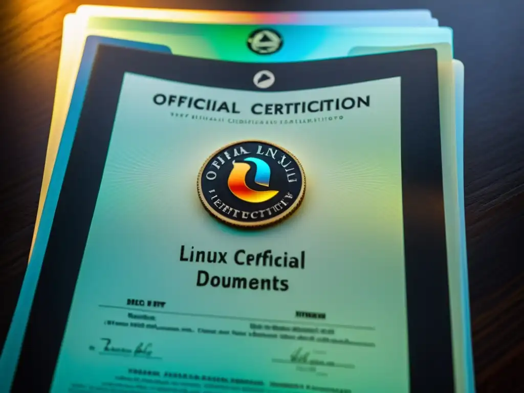 Una pila de certificados oficiales de Linux en un escritorio de madera oscura