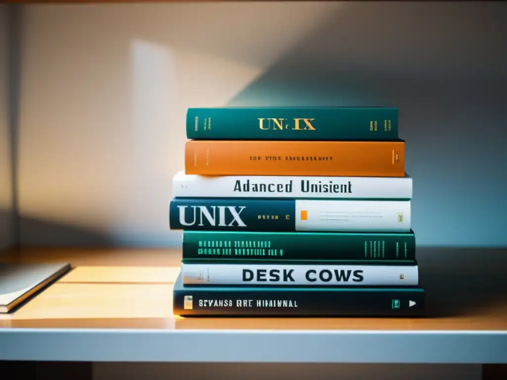 Una pila de libros avanzados de Unix en un escritorio moderno, iluminado por luz natural