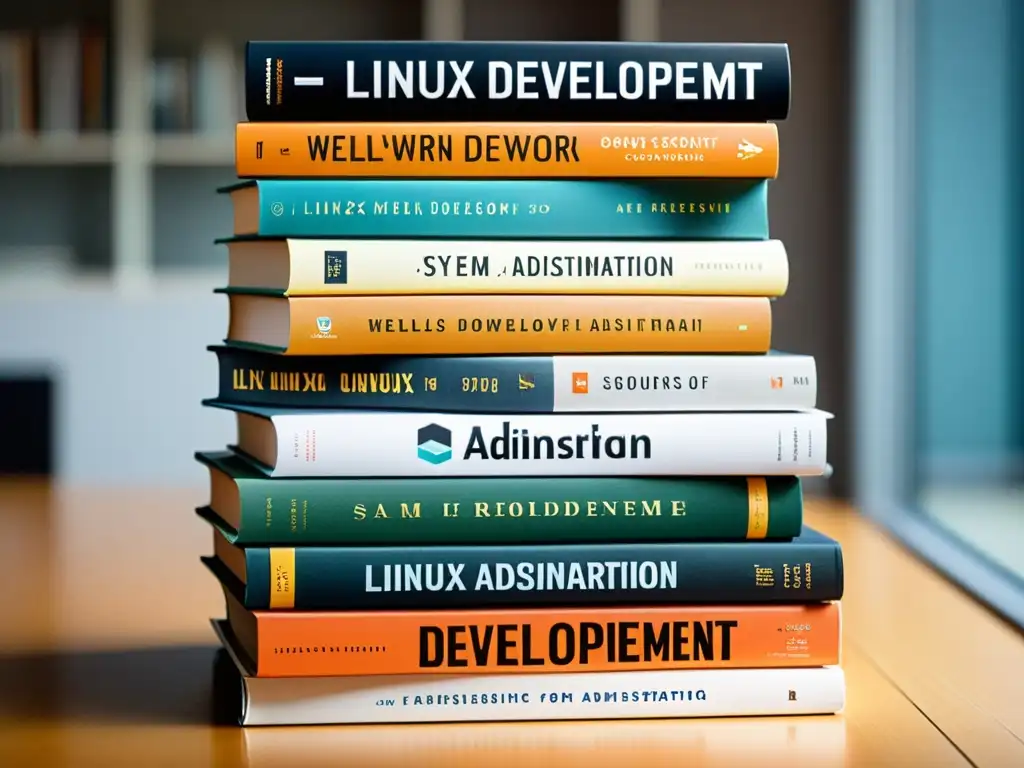 Una pila de libros de desarrollo de software Linux y BSD bien usados, con anotaciones y títulos claros, iluminados por la suave luz natural