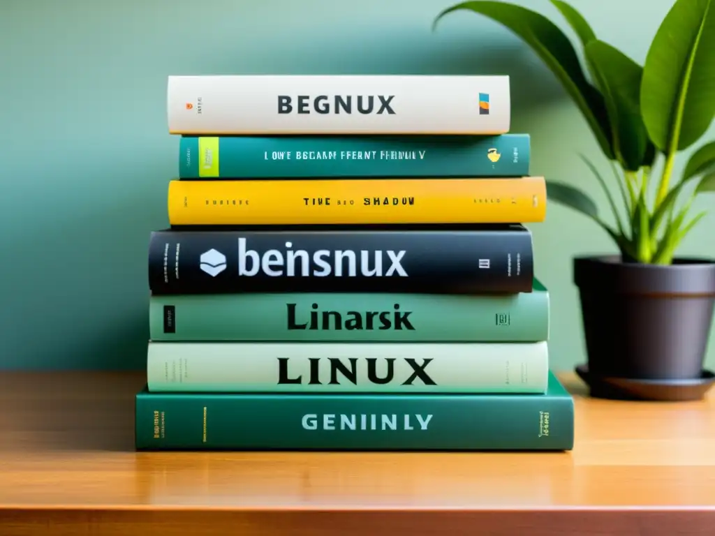 Una pila de libros de Linux para principiantes en un escritorio de madera, iluminado suavemente con una atmósfera acogedora y profesional