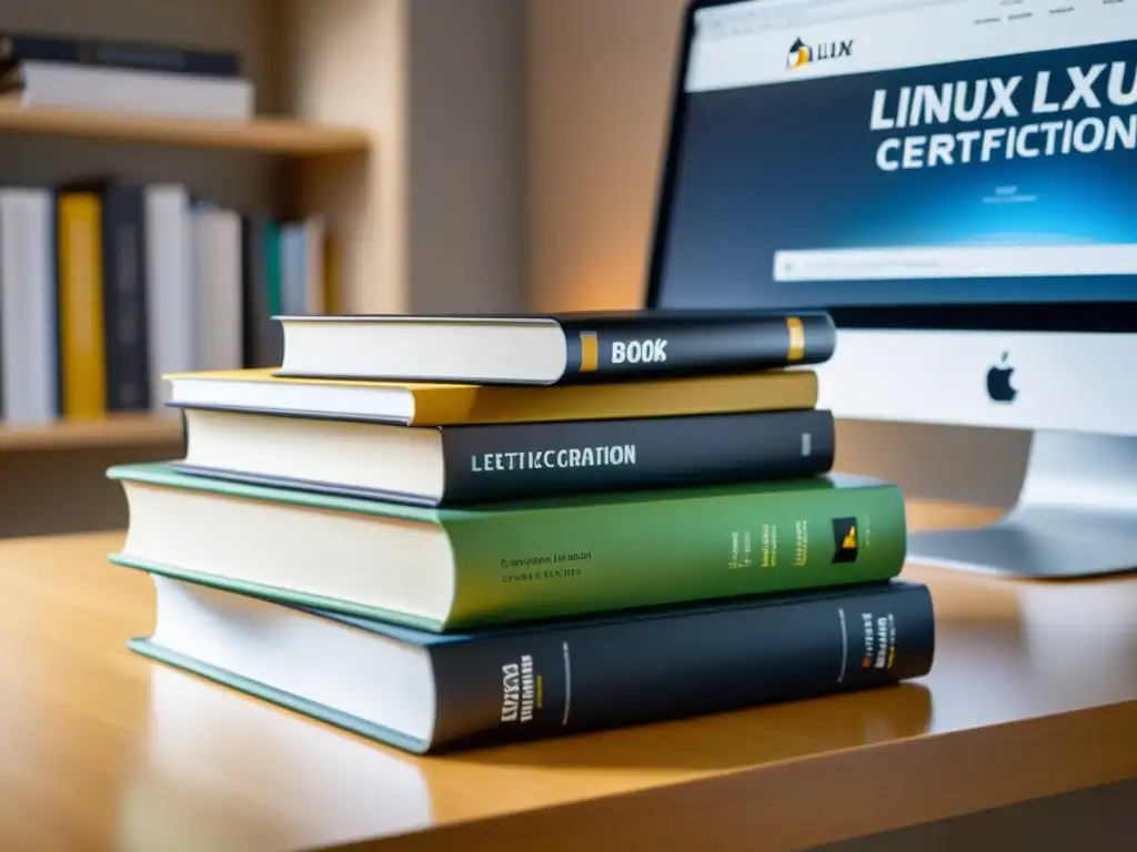 Una pila ordenada de libros de certificación de Linux sobre un escritorio moderno, con una computadora portátil que muestra el sistema operativo Linux