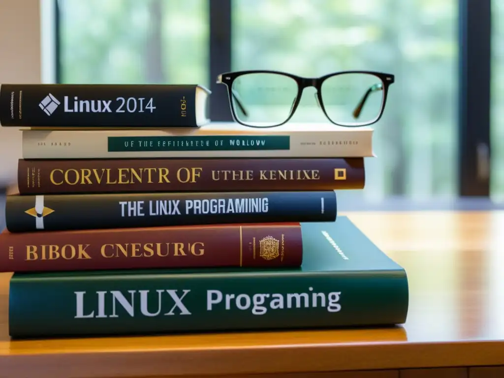 Una pila ordenada de libros de programación de Linux en un escritorio de madera