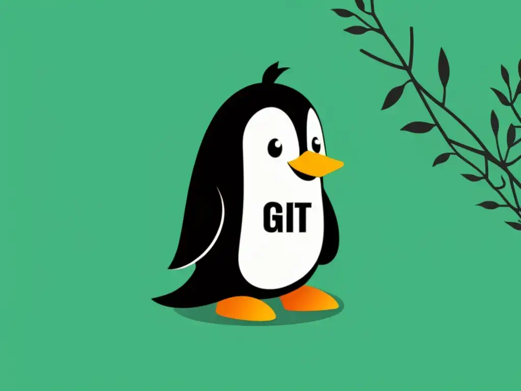 Un pingüino con distintivo 'Git' en un entorno de terminal Linux, rodeado de ramas de control de versiones, con fragmentos de código en el fondo