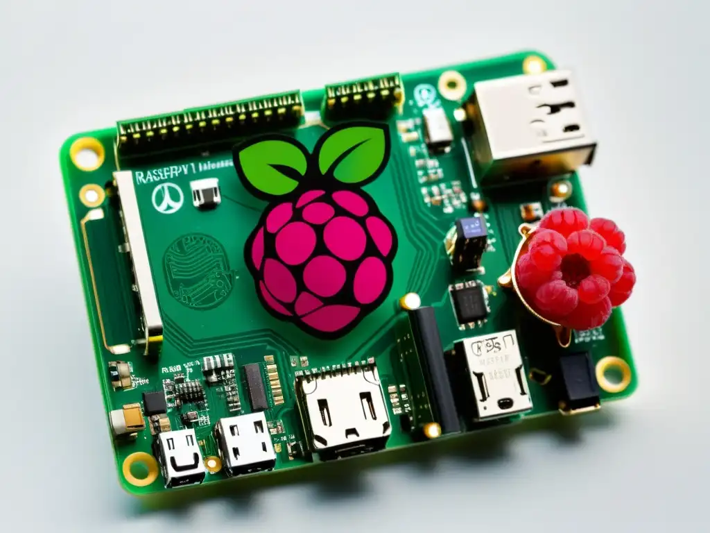 Placa Raspberry Pi con sensores IoT, Raspbian para Raspberry Pi en pantalla, fondo blanco