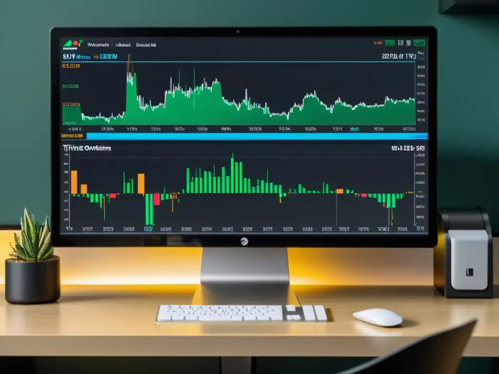 Plataformas de trading compatibles con Linux: Imagen minimalista de una elegante configuración de computadora con el sistema operativo Linux ejecutando la aplicación ThinkorSwim, mostrando datos bursátiles en tiempo real y gráficos de análisis, en un ambiente profesional y pulcro