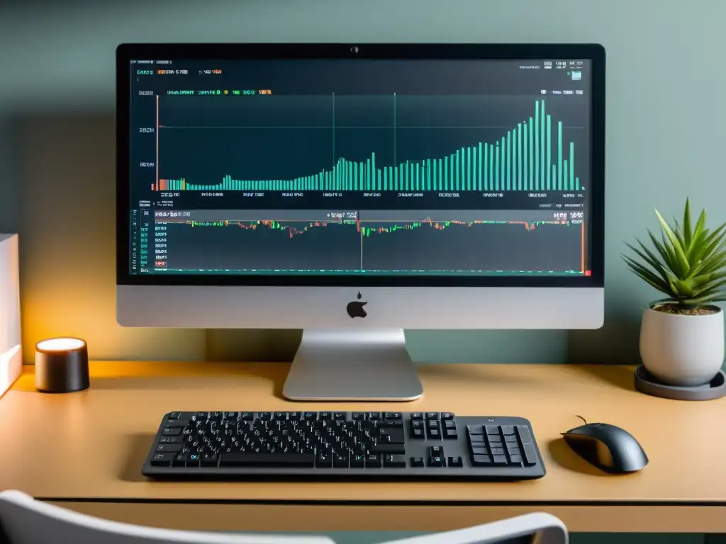 Plataformas de Trading en Linux: Escritorio ordenado con teclado minimalista, monitor de alta resolución mostrando datos y gráficos, y ratón