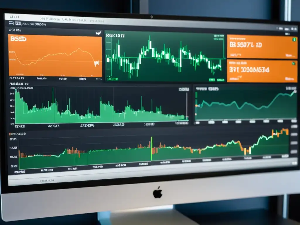 Plataformas de Trading en BSD: Imagen minimalista de una pantalla de computadora con gráficos financieros detallados en un sistema BSD