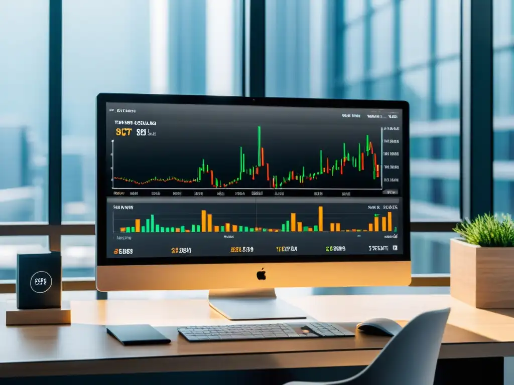 Plataformas de Trading en BSD: Interfaz moderna y minimalista en una oficina chic con luz natural