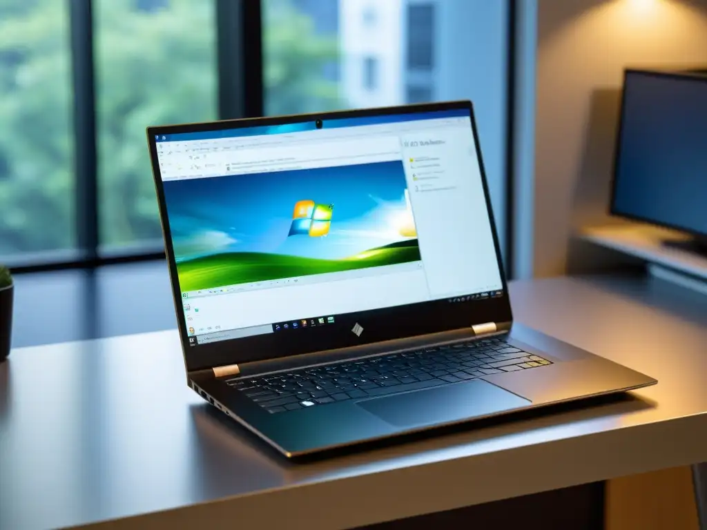 Portátil moderno ejecutando aplicaciones de Windows en Linux en un entorno profesional y funcional