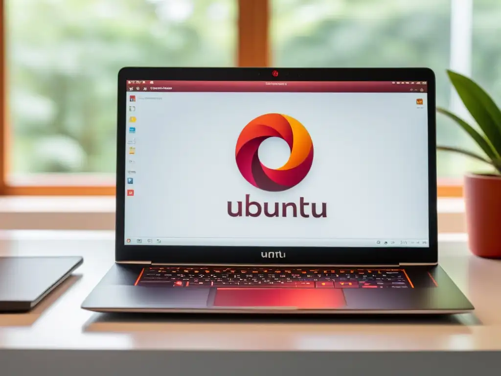 Un portátil moderno muestra el atractivo y profesional sistema operativo Ubuntu Studio para creativos, sobre un escritorio blanco con luz natural