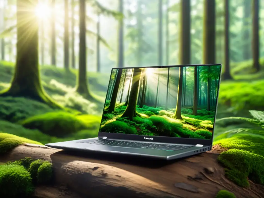 Un portátil moderno muestra un bosque exuberante en su pantalla, simbolizando la armonía entre tecnología y naturaleza