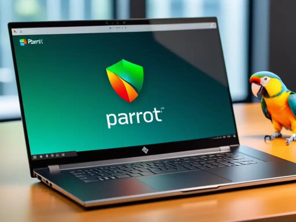 Portátil moderno con Parrot Security OS ciberseguridad en pantalla, junto a auriculares profesionales en un escritorio minimalista