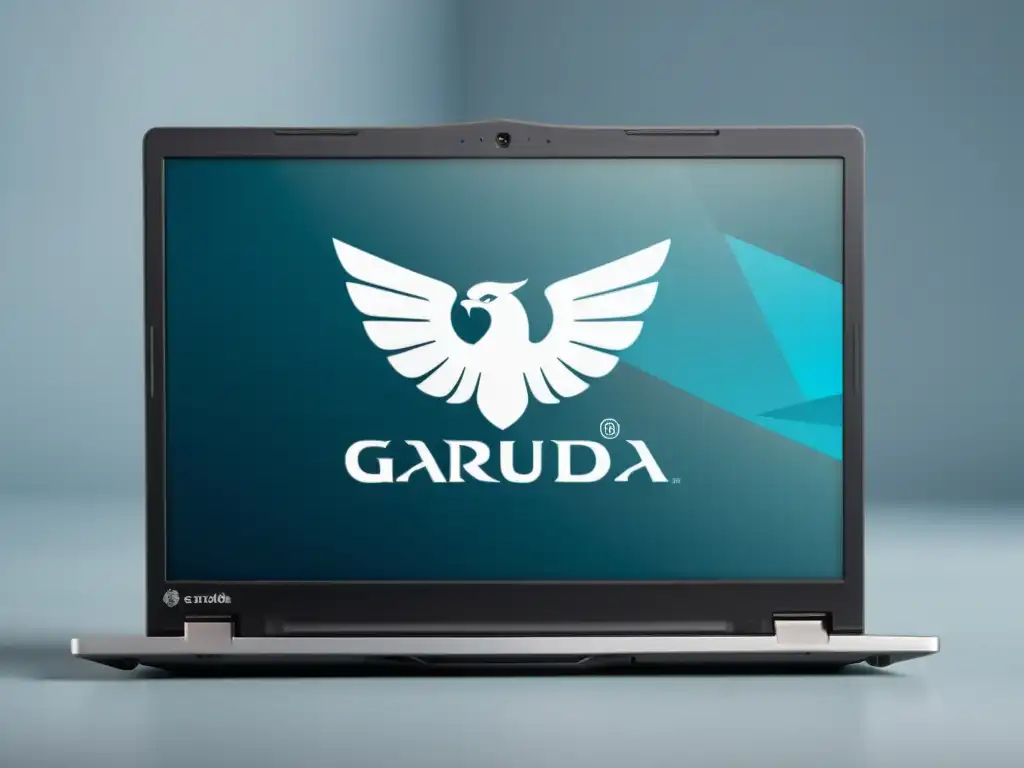 Un portátil moderno muestra el entorno de escritorio de Garuda Linux con reseñas de la comunidad