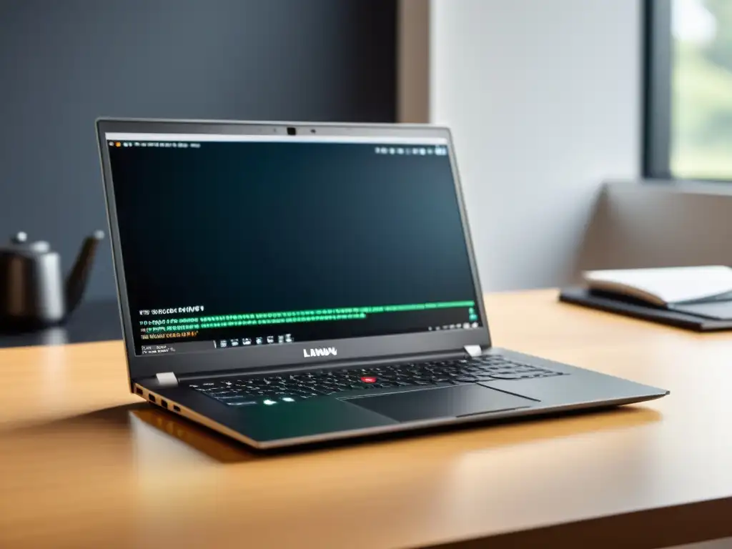 Portátil moderno con Linux en el escritorio, iluminado con luz natural