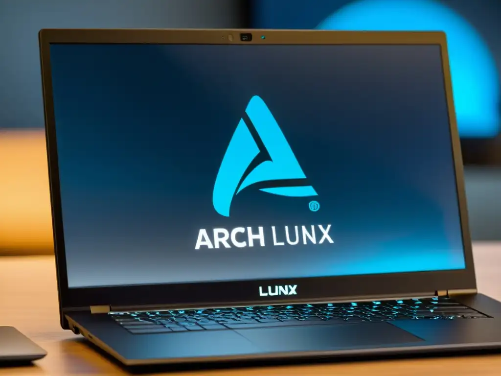 Portátil moderno de Arch Linux iluminado con el logo de Arch en la pantalla, destacando la precisión y atención al detalle