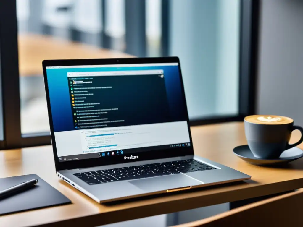 Un portátil moderno con la interfaz de Pandora OS muestra herramientas de programación en una atmósfera profesional