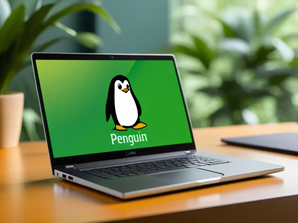 Un portátil moderno con el logo del pingüino de Linux de fondo, en un espacio de trabajo minimalista con vegetación